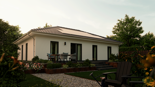 Bungalow 110 mit Gartenblick und großer Fensterfront Bungalow 110 Gartenansicht mit großem Fensterbereich für viel Licht