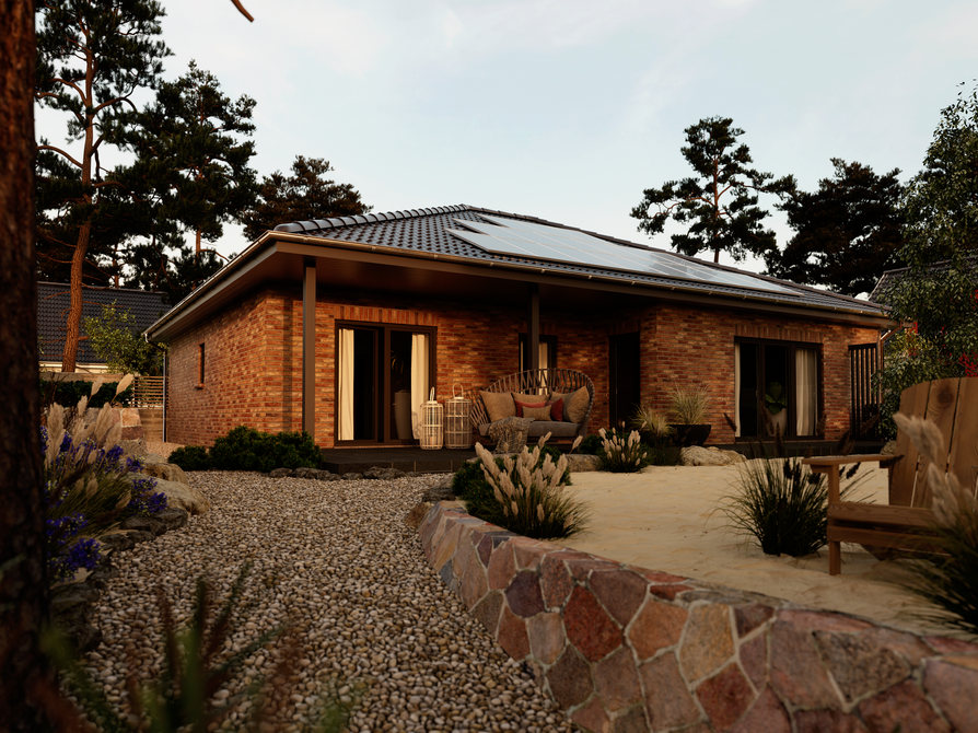 Bungalow 128 Gartenansicht mit Klinkerfassade in Cienna Bungalow 128 mit Klinker in warmem Cienna-Ton, gemütliche Outdoor-Sitzecke und naturnahe Gartengestaltung