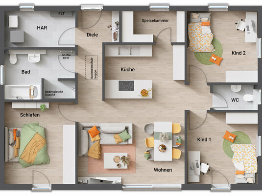 Grundriss des Bungalow 110 mit offener Wohnlösung, Speisekammer und begehbarer Dusche