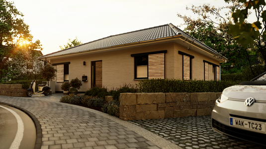 Bungalow 92 für Familien mit barrierefreiem Zugang Straßenansicht des Bungalow 92 mit barrierefreiem Eingangsbereich, ebenerdiger Bauweise und familienfreundlicher Architektur auf einer Ebene