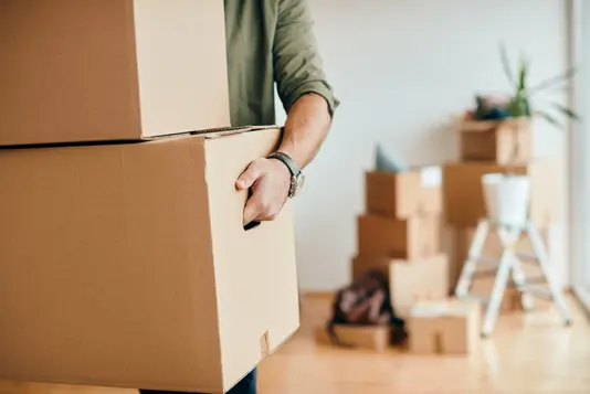 familie-29-umzug-haus-wohnung-kartons-05 Mann mit zwei Kartons